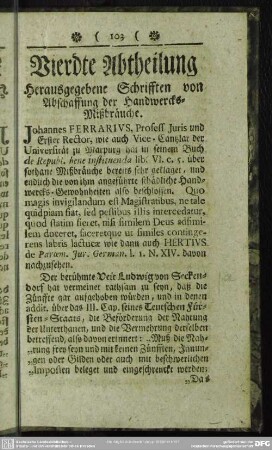Vierdte Abtheilung Herausgegebene Schrifften von Abschaffung der Handwercks-Mißbräuche