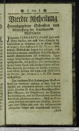 Vierdte Abtheilung Herausgegebene Schrifften von Abschaffung der Handwercks-Mißbräuche