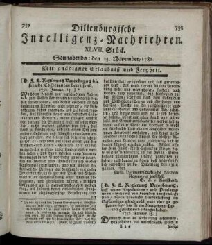 XLVII. Stück. Sonnabends: den 24. November 1781.