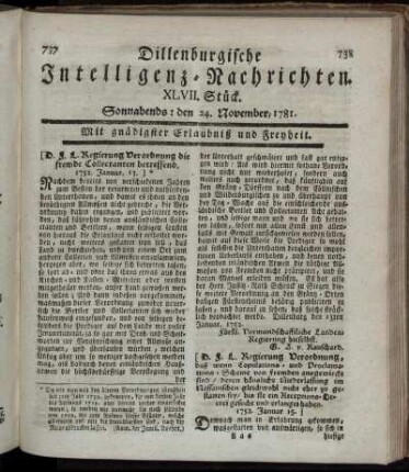 XLVII. Stück. Sonnabends: den 24. November 1781.