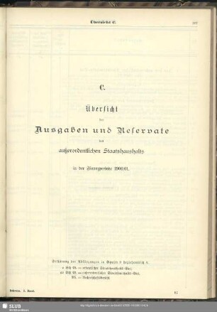 C. Übersicht der Ausgaben und Reservate des außerordentlichen Staatshaushalts in der Finanzperiode 1900/01