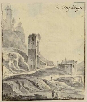 Italienische Landschaft mit Turm und Burg links oben