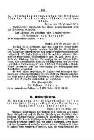 Anrechnung des Kriegsdienstes auf die für die Zulassung zur Ärztlichen Vorprüfung nachzuweisende Studienzeit : [B. Universitäten]