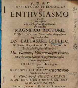 Dissertatio Theologica De Enthvsiasmo