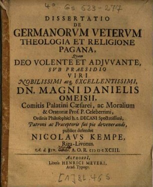 Dissertatio De Germanorvm Vetervm Theologia Et Religione Pagana
