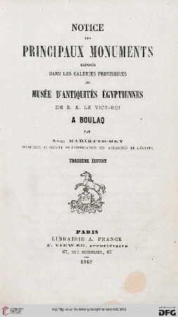 Notice des principaux monuments du Musée d'Antiquités Egyptiennes à Boulaq