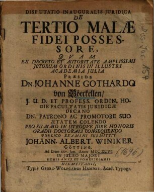 Disputatio Inauguralis Juridica [Iuridica] De Tertio Malae Fidei Possessore