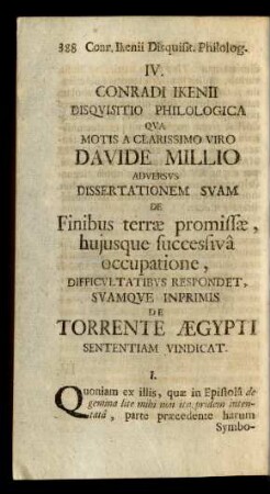IV. Conradi Ikenii Disquisitio Philologica Qua Motis A Clarissimo Viro Davide Millio Adversus Dissertationem Suam ...