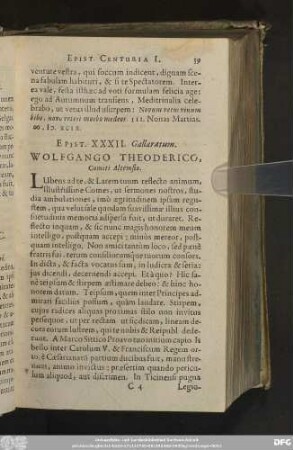 Epist. XXXII. Gallaratum. Wolfgango Theoderico, Comiti Altemsio.