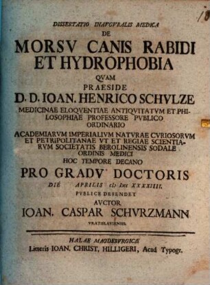 Diss. inaug. med. de morsu canis rabidi et hydrophobia