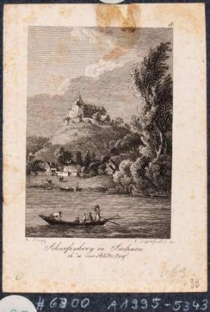 Blick von der Elbe hinauf zu Schloss Scharfenberg (Klipphausen) zwischen Meißen und Dresden, Zustand vor dem Brand von 1783, aus Beckers Taschenbuch zum geselligen Vergnügen 1803