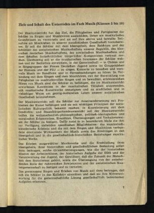 Ziele und Inhalt des Unterrichts im Fach Musik (Klassen 5 bis 10)