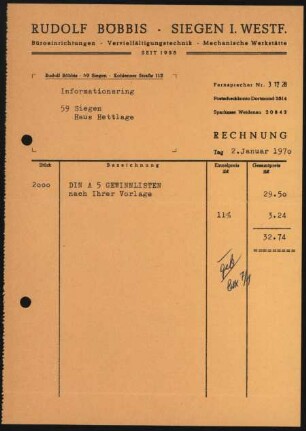 Firmenbriefkopf Rudolf Böbbis, Büroeinrichtungen - Vervielfältigungstechnik - Mechanische Werkstätte