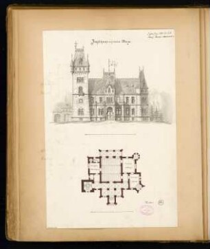 Jagdhaus Monatskonkurrenz Januar 1880: Grundriss Erdgeschoss, Aufriss Vorderansicht; 2 Maßstabsleisten