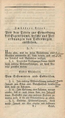 Zwölfter Titel. Von den Titeln zur Erwerbung des Eigenthums, welche aus Verordnungen von Todeswegen entstehen.