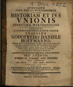 Specimen Ivris Pvblici Wvrtembergici Sistens Historiam Et Ivs Vnionis Territorii Wvrtembergici