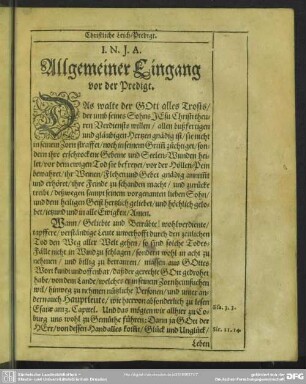 Leichenpredigt : Christliche Leich-Predigt. Allgemeiner Eingang vor der Predigt. Text. Sonderbarer Eingang. Abhandelung des Texts