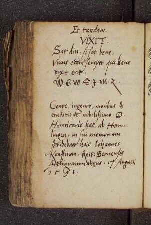 Iohannes Kouffmann. – Incipit: Et tandem VIXIT. – Bern, 17.08.1591