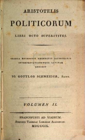 Aristotelis Politicorum Libri Octo Superstites, Volumen II.