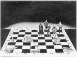 Fotomontage: Jugendliche stehen auf einem Spielbrett, das in schachbrettähnliche Felder unterteilt ist (Altersgruppe 18-21)
