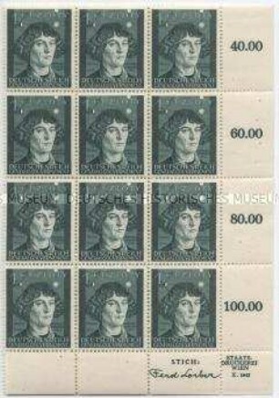 Unvollständiger Bogen mit 12 Briefmarken zu 1 Zloty aus dem Generalgouvernement zum 400. Todestag von Nikolaus Kopernikus