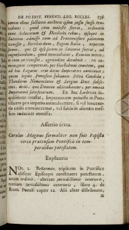 Assertio sexta. [...] circa prætensam Pontificis in temporalibus potestatem.