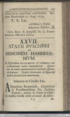 XXVII. Statii Buscheri ad Menonem Hannekenium
