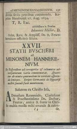 XXVII. Statii Buscheri ad Menonem Hannekenium