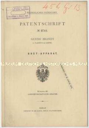 Patentschrift eines Brüt-Apparates, Patent-Nr. 3741