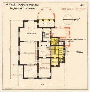 Umbau eines Landhauses Monatskonkurrenz Februar 1933: Grundriss Erdgeschoss: Umbaumaßnahmen (Abriss, Neubau) 1:100