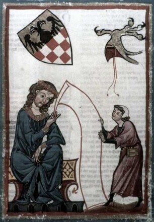 Manessische Liederhandschrift oder Große Heidelberger Liederhandschrift — Graf Otto von Botenlauben übergibt einem Boten ein Minnegedicht, Folio 27recto
