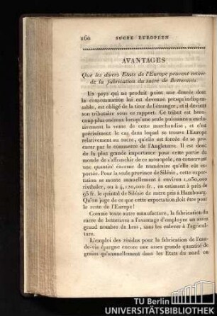Avantages. Que le divers États de l'Europe peuvent retirer de la fabrication du sucre de Betteraves