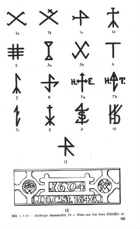 Abb. 1. 1-11 = Harburger Hausmarken. 12 = Stein aus dem Haus Schloßstr. 40.