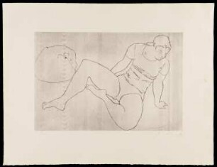 Radierung des Künstlers Rudi Lesser, o.T. (Sitzende mit Hund), 1978