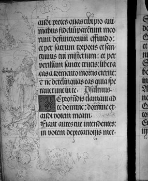 Gebetbuch Kaiser Maximilians I. — David spielt kniend auf der Harfe, darüber Gottvater segnend, Folio 16verso