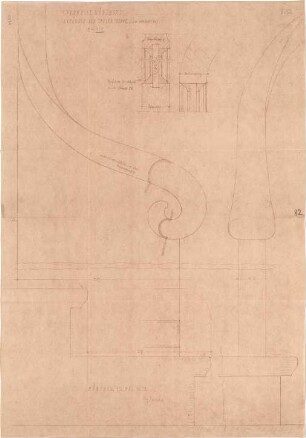 Fischer, Theodor; Würzburg, Münsterplatz; Sparkasse - Anfänger der Tresortreppe (Ansicht); Profil der Deckleiste (Schnitte)