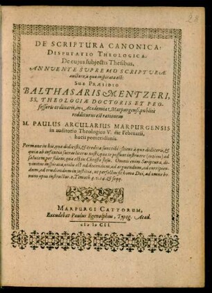De Scriptura Canonica: Disputatio Theologica
