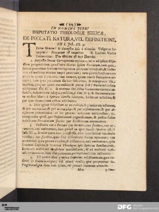 Disputatio Theologiae Biblicae, De Peccati Natura, Vel Definitione.