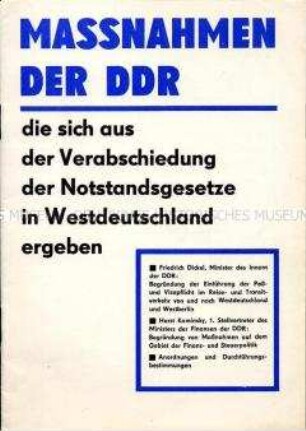 Propagandaschrift der DDR über Maßnahmen im Verhältnis zur Bundesrepublik nach der Verabschiedung der Notstandsgesetze