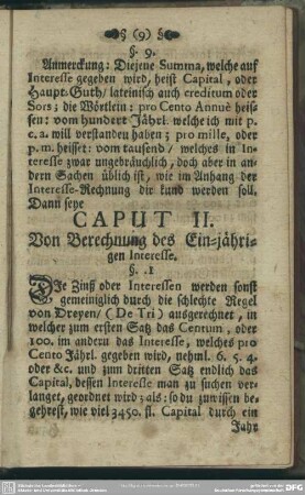 Caput II. Von Berechnung des Ein-jährigen Interesse
