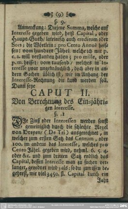 Caput II. Von Berechnung des Ein-jährigen Interesse