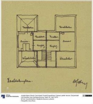 Darmstadt, Projekt Doppelhaus Cabinet, zweite Version, Skizzenblatt mit Grundriss des Dachgeschosses