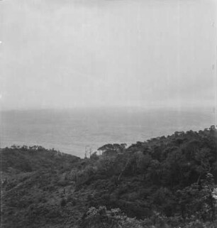 Landschaft : Blick über bewaldete Hügel zum Meer