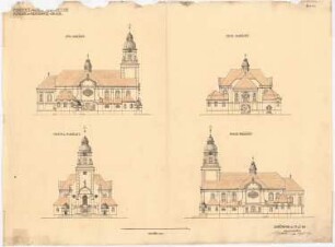 Kirche und Pfarrhaus, Miechowitz: Seitenansichten, Vorderansicht und Choransicht 1:200