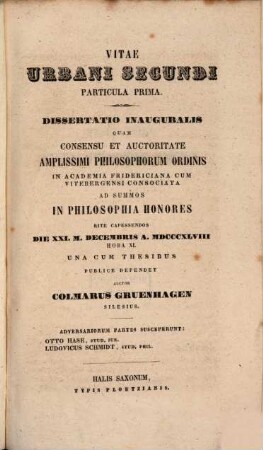 Vitae Urbani Secundi particula I : Diss. inaug.