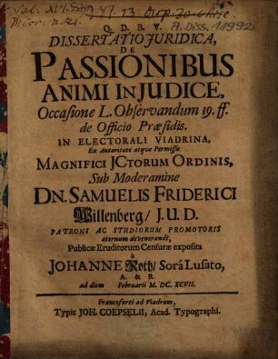 Dissertatio Juridica, De Passionibus Animi In Judice