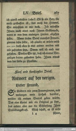 Fünf und funfzigster Brief. Anwort auf den vorigen. Lieber Freund, ...