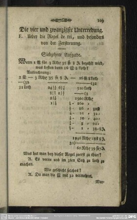 Die vier und zwanzigste Unterredung. F. Ueber die Regel de tri, und besonders von der Zerstreuung