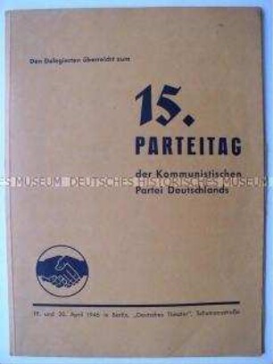 Delegiertenmappe mit Konferenzunterlagen des 15. Parteitages der KPD