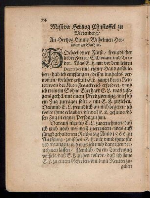 Missiva Hertzog Christoffel zu Wirtenberg/ an Hertzog Hanns Wilhelmen Hertzogen zu Sachsen.